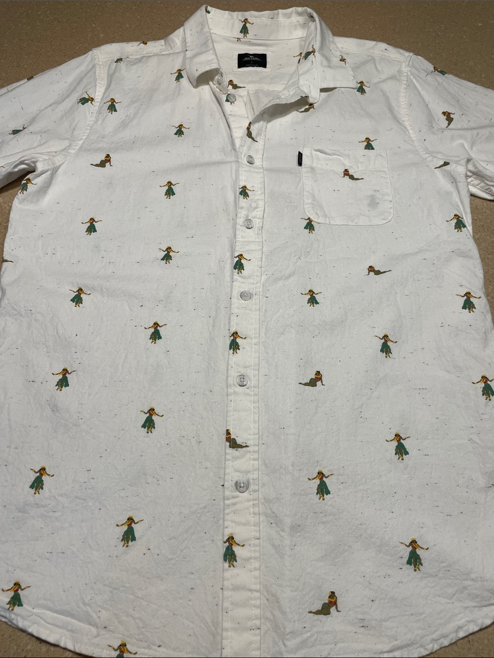 Rip Curl White Button-Down Shirt with Green and Brown Hula Girl Motif